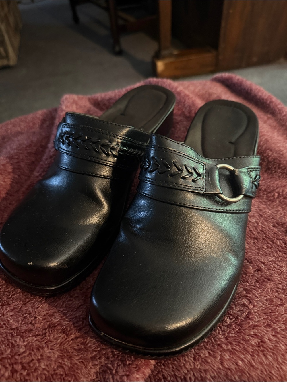 croft & barrow Black Leather Slip-On Mule Clogs with Braided Strap